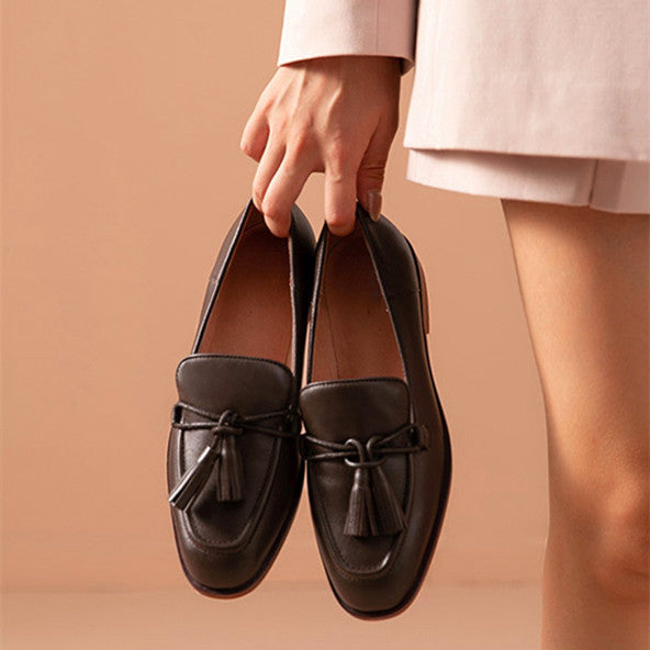 Leather Shallow Flat-bottomed British Heel Shoes