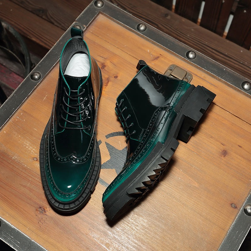 Gradient Green High Top Shoes Men's Leather Brogue Style