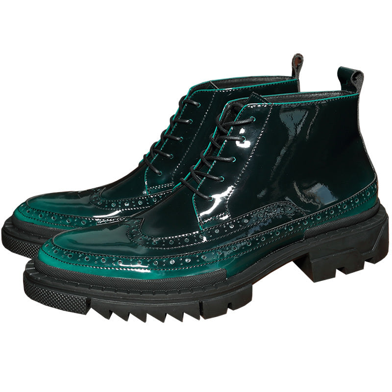 Gradient Green High Top Shoes Men's Leather Brogue Style