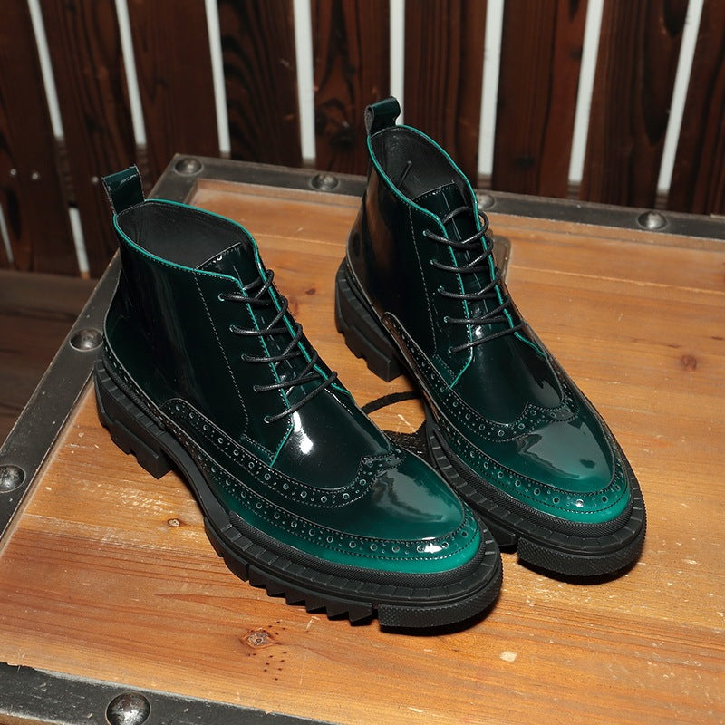 Gradient Green High Top Shoes Men's Leather Brogue Style