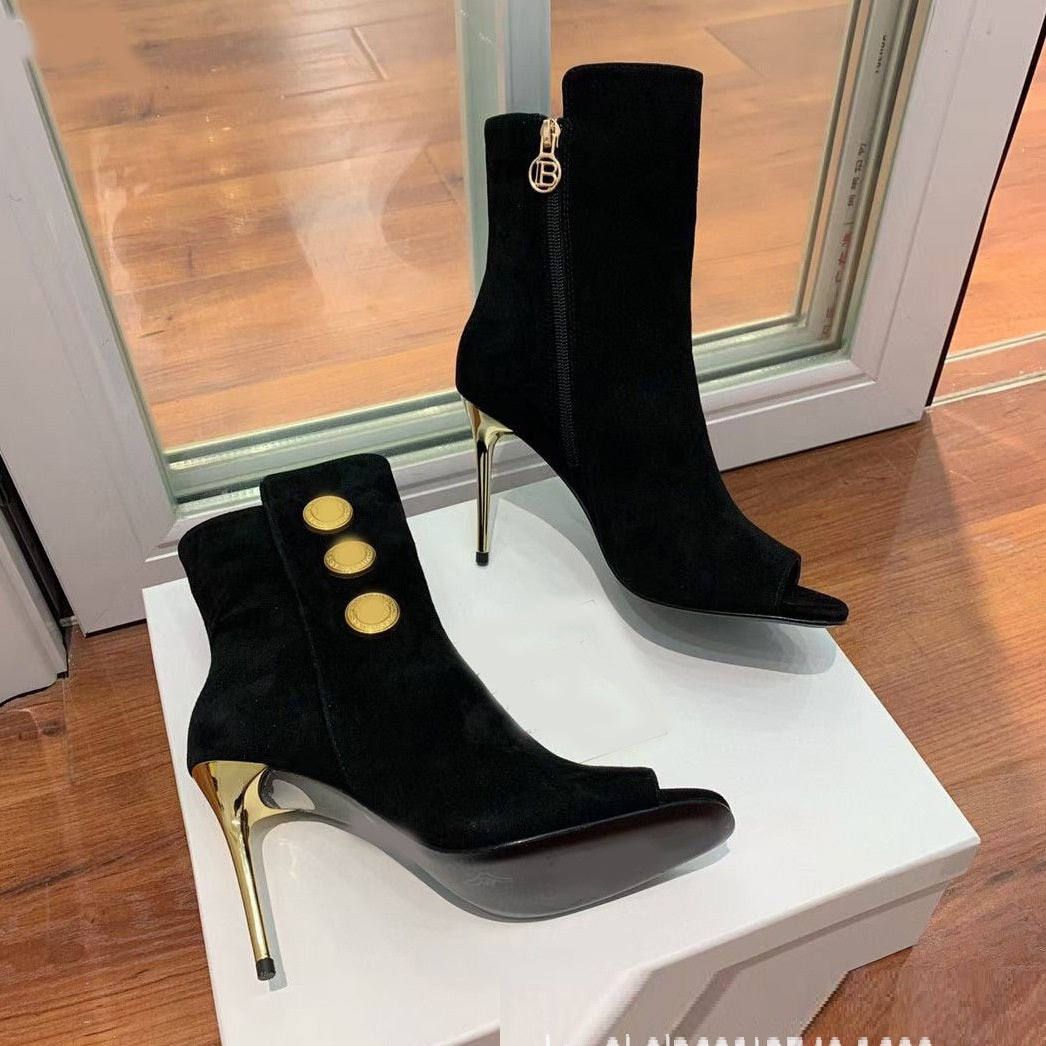 New Fish Mouth Metal Round Buckle Ankle Boots Super Stiletto Women's Shoes